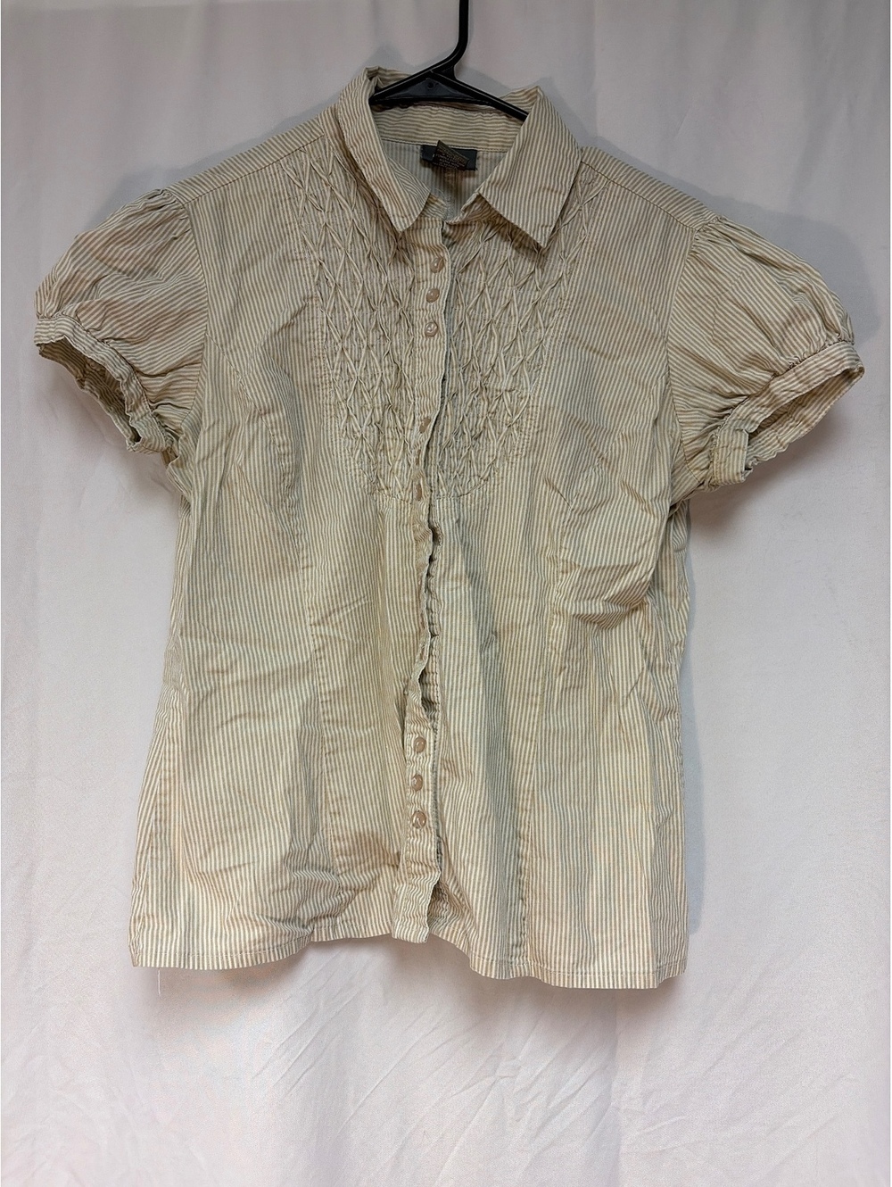 Dots Women's Beige Striped Short Sleeve Button-Up Shirt Size L